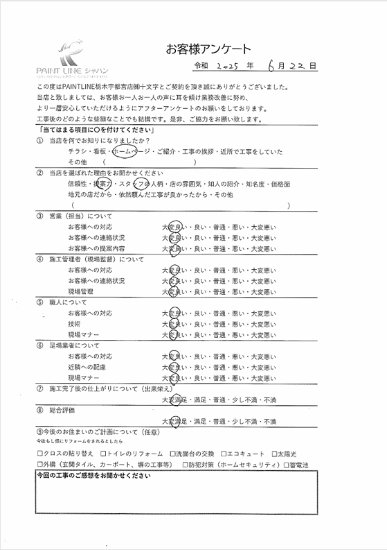 栃木県宇都宮市豊郷台 T様　アンケート