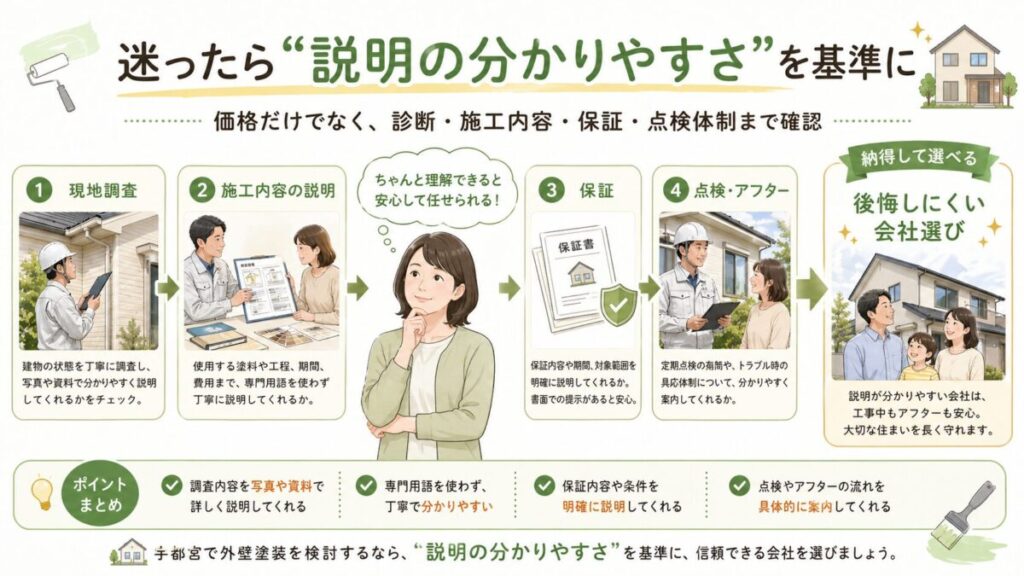 外壁塗装会社選びで大切なポイントをまとめた図解画像。中央に検討中の女性を配置し、現地調査、施工内容の説明、保証、点検・アフターの4項目を順番に示している。右側には、説明が分かりやすい会社を選ぶことで後悔しにくい会社選びにつながることを、家族と住宅のイラストで表現している。
