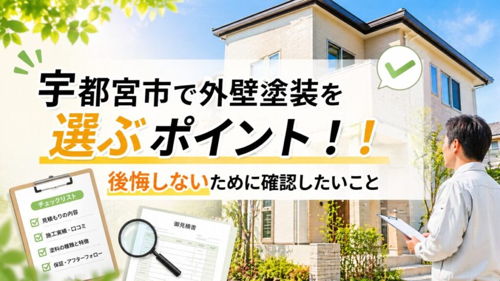 宇都宮市で外壁塗装会社を選ぶポイントを紹介するアイキャッチ画像。戸建住宅を背景に、点検中のスタッフ、チェックリスト、見積書、虫眼鏡のイラストを配置し、「後悔しないために確認したいこと」という内容を表現している。