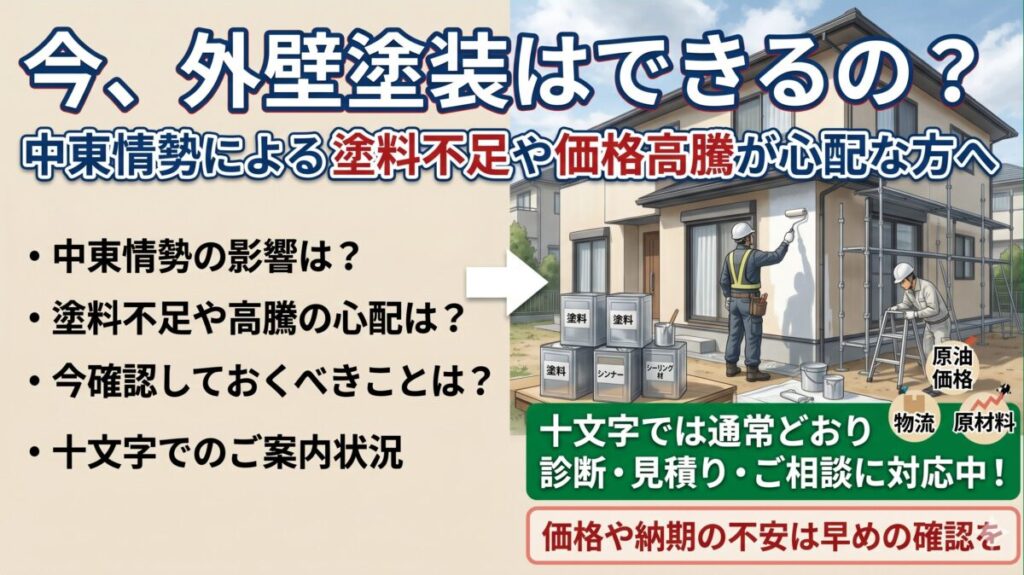 中東情勢による塗料不足や価格高騰への不安に対し、株式会社十文字は通常どおり診断・見積り・相談に対応中であることを伝える案内画像