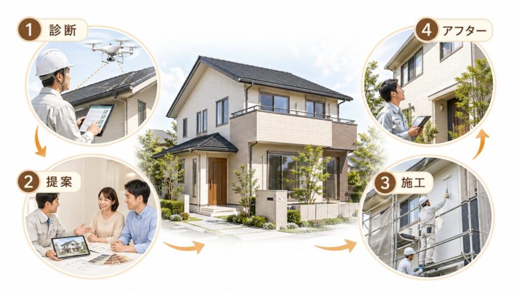 外壁塗装会社の対応の流れを表した図解画像。中央に戸建住宅を配置し、左上に診断、左下に提案、右下に施工、右上にアフターの4工程を円形の写真風イラストで示している。スタッフによるドローン診断、打ち合わせ、塗装作業、施工後の点検までを分かりやすくまとめた構成。