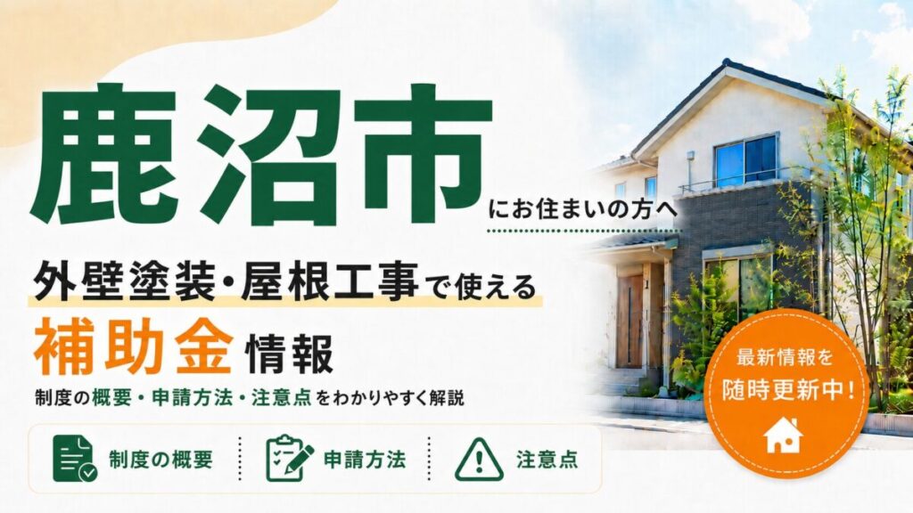 鹿沼市にお住まいの方向けに、外壁塗装・屋根工事で使える補助金情報を紹介するバナー画像。大きく「鹿沼市」「外壁塗装・屋根工事で使える補助金情報」と表示し、制度の概要・申請方法・注意点をわかりやすく解説する内容。右側には住宅のイラストと「最新情報を随時更新中!」の案内が入っている。