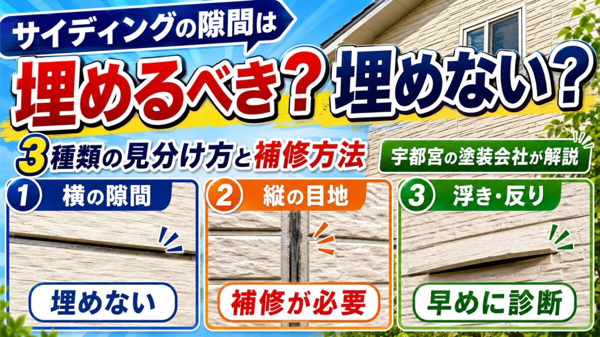 サイディングの隙間を埋めるべきか埋めないべきかを解説するサムネイル画像。横の隙間、縦の目地、浮き・反りの3種類を写真付きで並べ、それぞれ「埋めない」「補修が必要」「早めに診断」と分かりやすく示している。