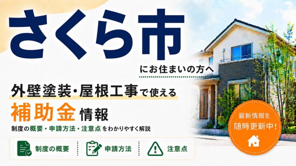 さくら市にお住まいの方向けに、外壁塗装・屋根工事で使える補助金情報を紹介するバナー画像。大きく「さくら市」「外壁塗装・屋根工事で使える補助金情報」と表示し、制度の概要・申請方法・注意点をわかりやすく解説する内容。右側には住宅のイラストと「最新情報を随時更新中!」の案内が入っている。