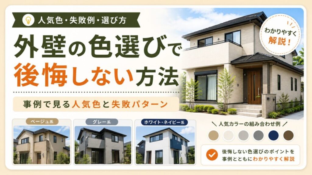 宇都宮市で外壁塗装を検討している方向けに、外壁の色選びで後悔しない方法、人気色、失敗パターン、カラーの組み合わせ例をまとめたコラム用サムネイル画像。
