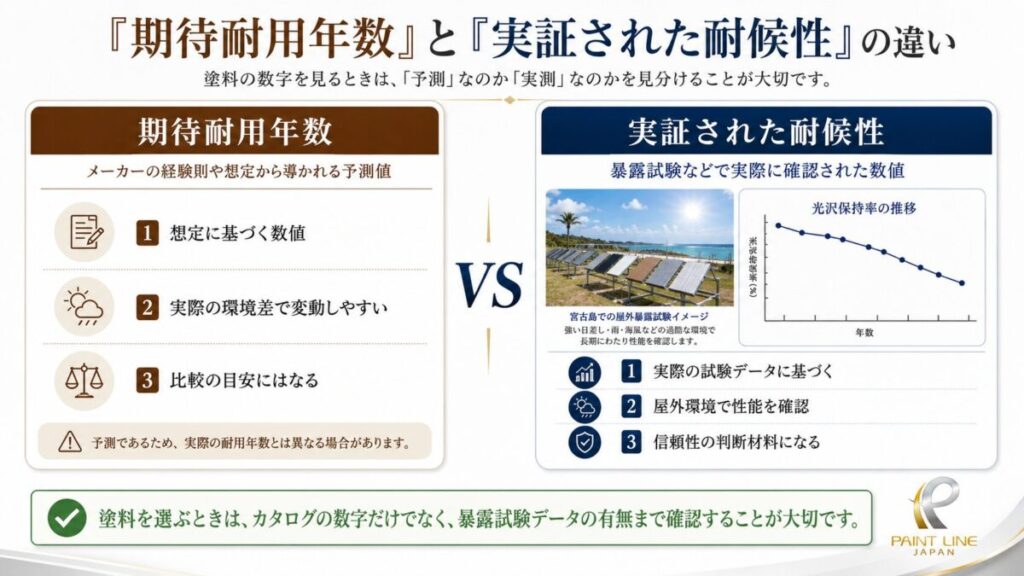 「期待耐用年数」と「実証された耐候性」の違いを比較したインフォグラフィック。期待耐用年数はメーカーの想定による予測値、実証された耐候性は宮古島の屋外暴露試験などで実際に確認された数値であることを示している。