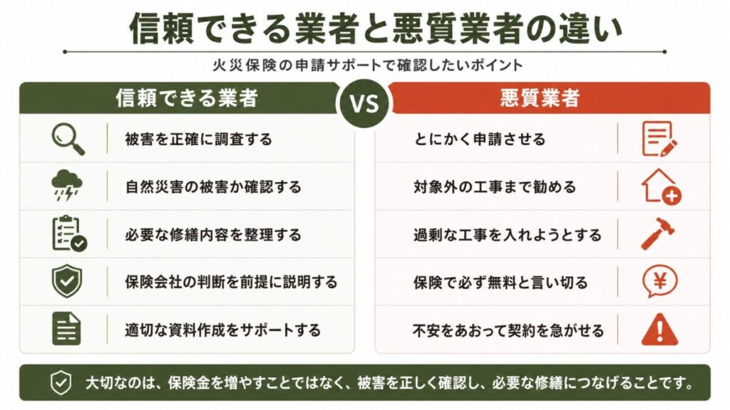信頼できる業者と悪質業者の違いを比較した図。信頼できる業者:被害を正確に調査する・自然災害の被害か確認する・必要な修繕内容を整理する・保険会社の判断を前提に説明する・適切な資料作成をサポートする。悪質業者:とにかく申請させる・対象外の工事まで勧める・過剰な工事を入れようとする・保険で必ず無料と言い切る・不安をあおって契約を急がせる。大切なのは保険金を増やすことではなく、被害を正しく確認し必要な修繕につなげること。