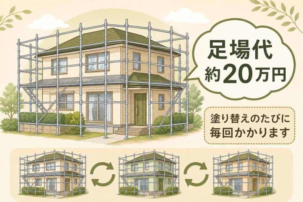 外壁塗装の足場代を説明するイラスト。足場が組まれた戸建て住宅の横に「足場代 約20万円」の吹き出しがあり、塗り替えのたびに毎回足場代がかかることを示している。