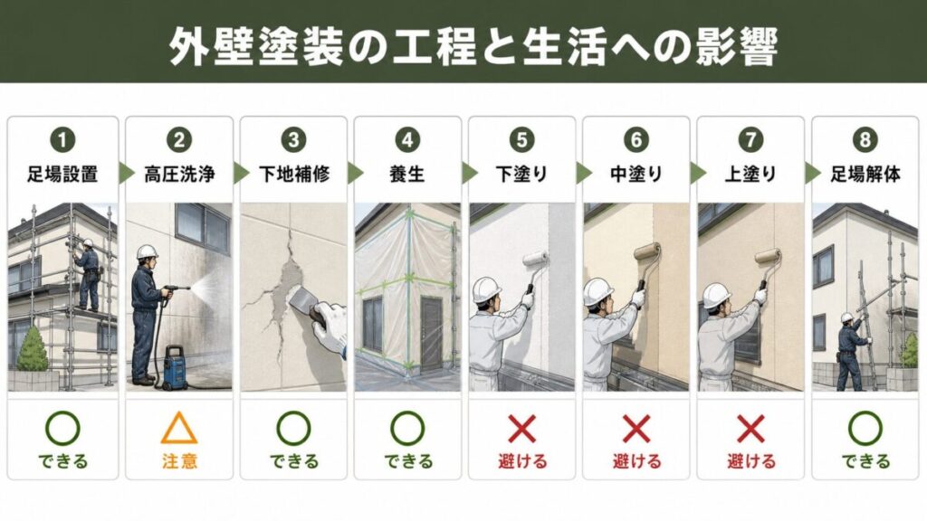 外壁塗装の工程と洗濯物の外干し目安。塗装工程は避け、高圧洗浄中は注意が必要