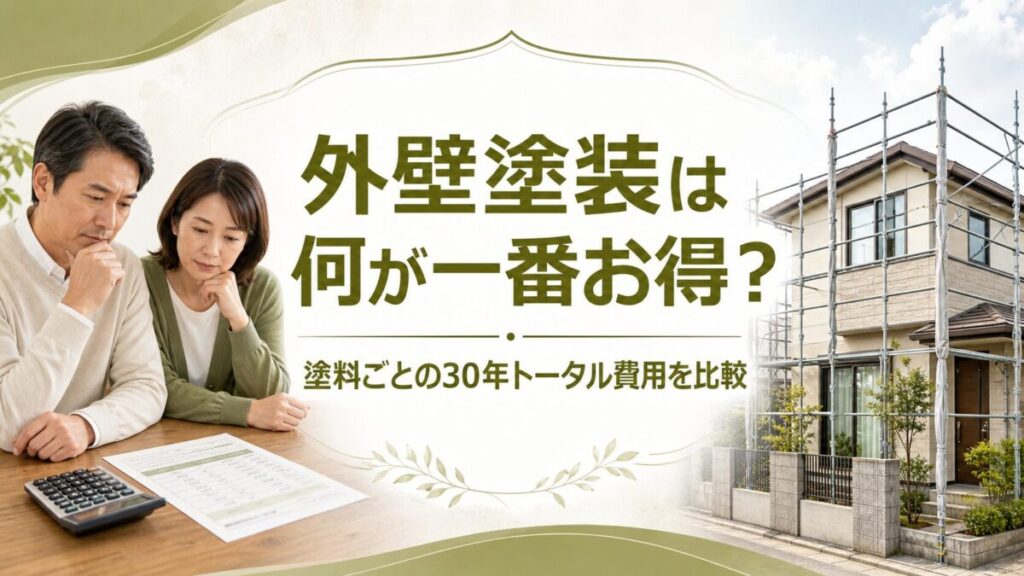 外壁塗装の費用を比較する記事のアイキャッチ画像。「外壁塗装は何が一番お得?塗料ごとの30年トータル費用を比較」というタイトルとともに、電卓と見積書を前に考え込む夫婦のイラストと、足場が組まれた戸建て住宅が描かれている。