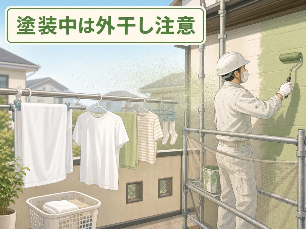 外壁塗装中の細かな塗料の飛沫が、ベランダに干した洗濯物へ付着する様子